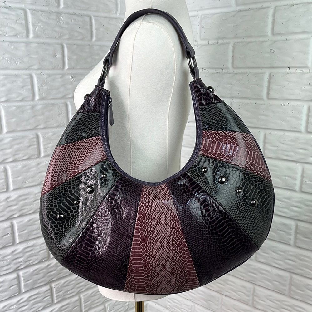 ATTENTION VEGAN PATCHWORK FAUX SNAKESKIN WITH STUDS HOBO SHOULDER BAG